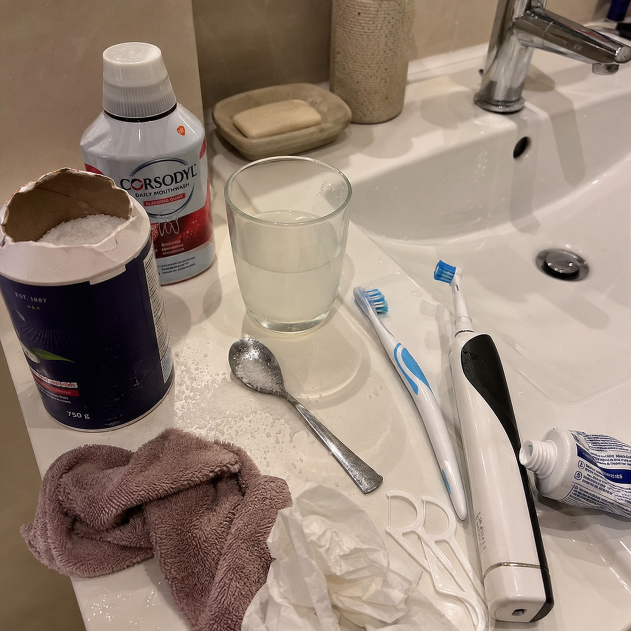 Bathroom counter with tried gum care products