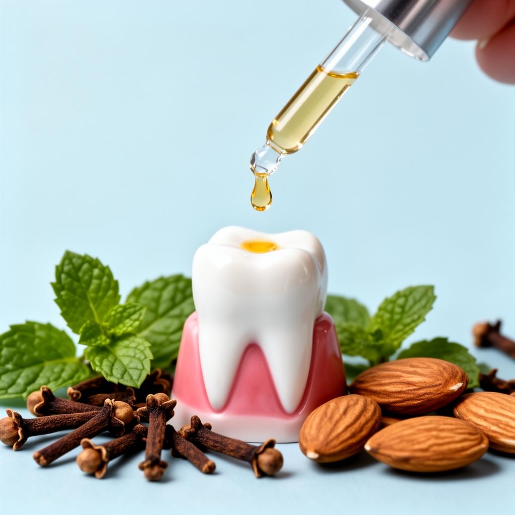 A drop of oil on a model of a tooth and gum